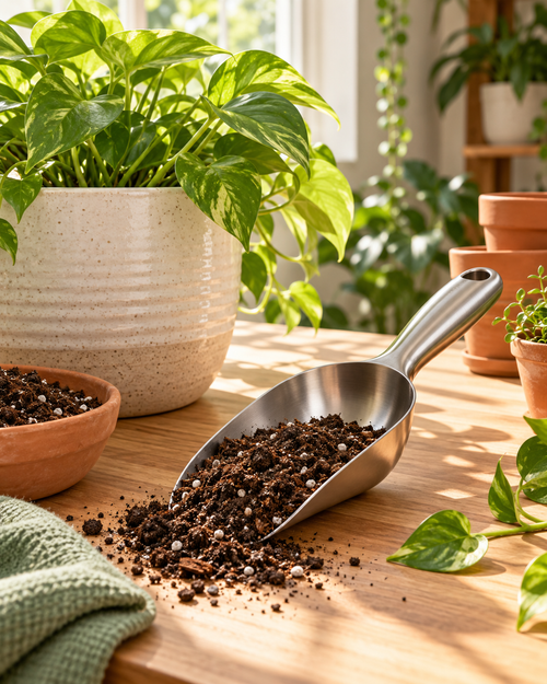 Yorenella Ergonomic Potting Soil Scoop in a natural home setting